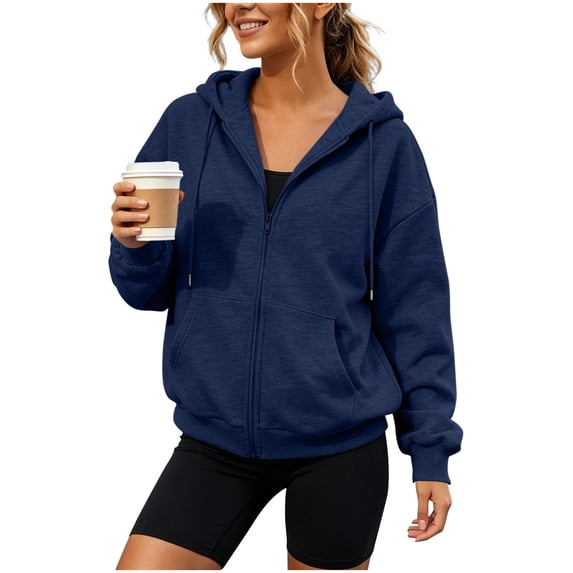 AKOEE Zip Front Hoodie Women Lightweight Casual Spring Fall Jackets with Pockets Long Sleeve Baggy Sweatshirts (2XL, Navy)