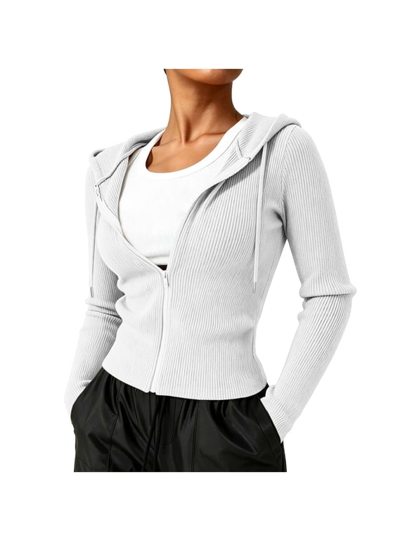 Zip Up Hoodie for Women Slim Fitted Knit Crop Jackets with Pockets Long Sleeve Soft Y2k Sweater Coat (M, White)