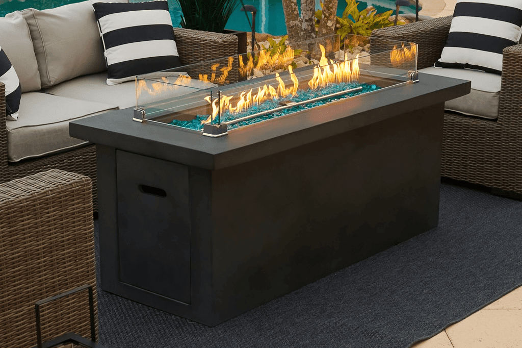AKOYA Outdoor Essentials – 60" Rectangular Chat Height Outdoor Propane Gas Concrete Smokeless Fire Pit for Patio, Table with Glass Guard and Crystals in Gray (Amber)