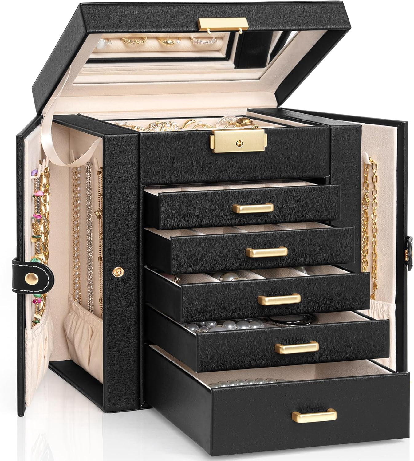 AKOZLIN 4-Tier Leather Jewelry Box With Lock - Black Storage Organizer With Mirror