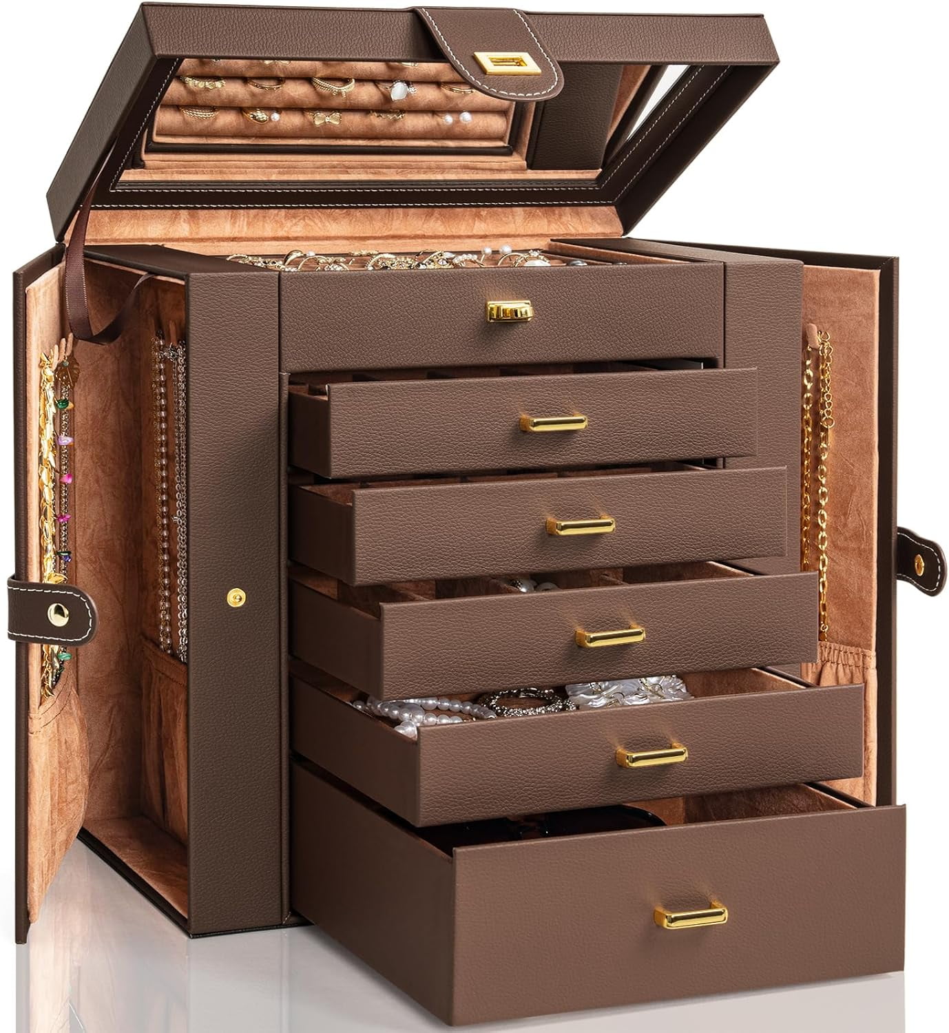 AKOZLIN 6-Tier Rotating Jewelry Box - 360° Spinning Organizer With Mirror For Rings, Necklaces, Earrings & Bracelets