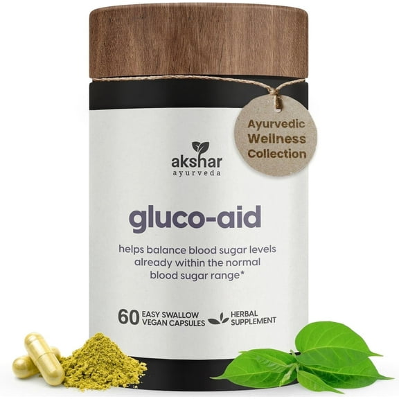 AKSHAR AYURVEDA Gluco Aid Proprietary Herbal Blend Blood Sugar Support Supplement, 60 Capsules