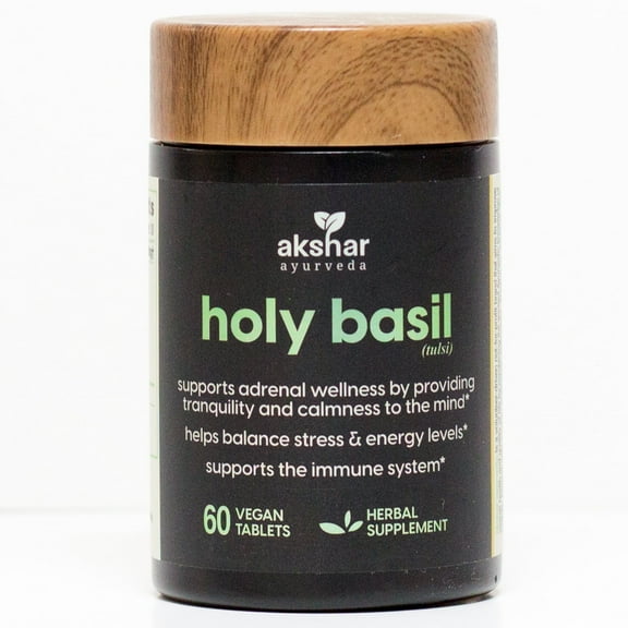 AKSHAR AYURVEDA Holy Basil Tablets Adrenal Wellness Supplement for Men and Women, 60 Count