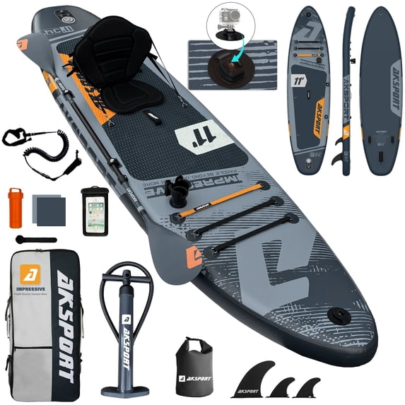 11 ft Inflatable Stand Up Paddle Board with Accessories Kit, 34 in Wide Non-Slip SUP Board with Adjustable Paddle, Kayak Seat, Removable Fins and Backpack for Adults and Youth