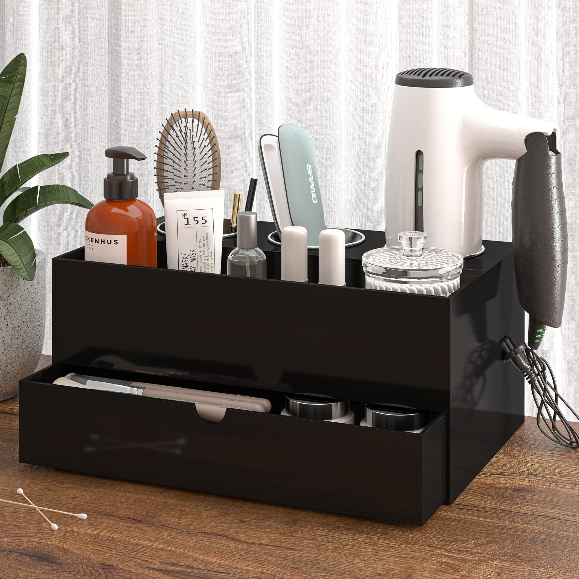 AKTOP Hair Tool Organizer Black Acrylic Hair Dryer with Drawer, Hair