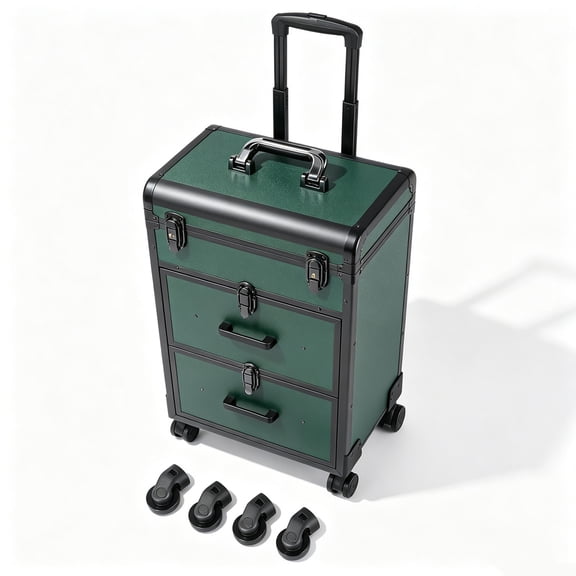 AKWH Professional Rolling Makeup Train Case with Drawers, Makeup Case on Wheels, Nail Tech Rolling Cart Storage Organizer Trolley Make up Case for Travel Makeup/Nail Art/Hair Styling,Dark Green