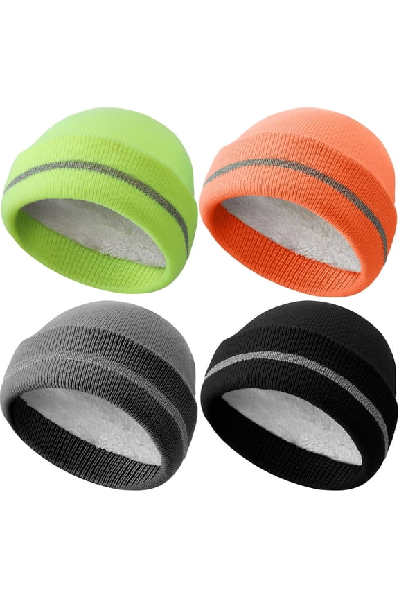 4 Pack Men Hi Vis Winter Hats Fleece Lined Hi Vis Beanies with Reflective Stripes Fluorescent Thermal Hats for Outdoor
