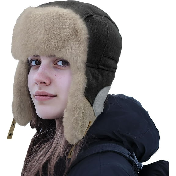 AKcxy Faux Fur Trapper Hat Warm Eskimo Hat Russian Trooper Hats Unisex Earflaps Hat with Chin Strap Winter Snow Cap