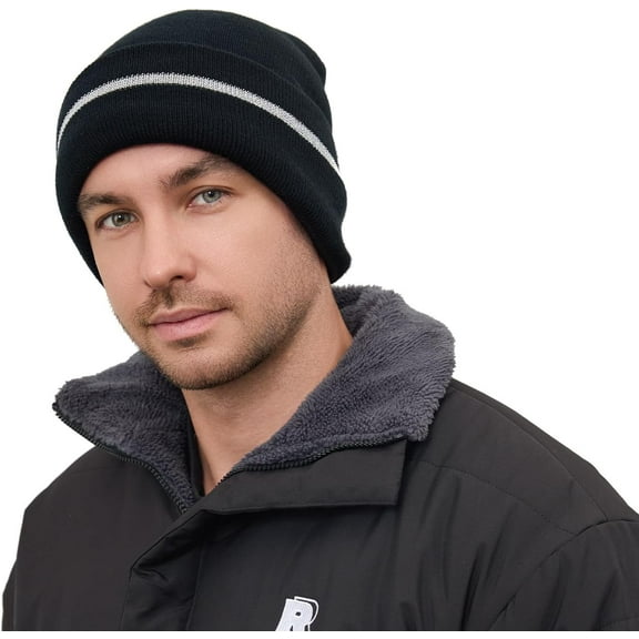 AKcxy Fleece Lined Warm Winter Hat, High Visible Reflective Strip Knit Cuffed Beanie Safety Hat for Outdoor Work Running