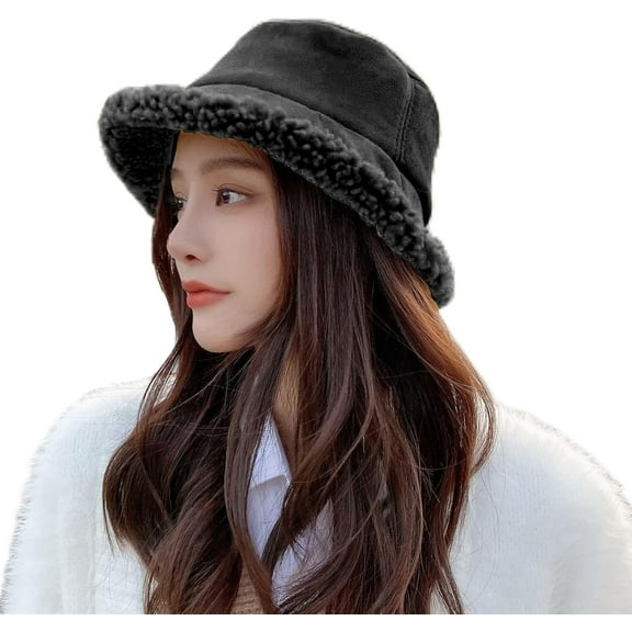 AKcxy Winter Fluffy Bucket Hat for Women Girls Fuzzy Warm Bucket Hat with Faux Fur for Kids Reversible Fisherman Cap