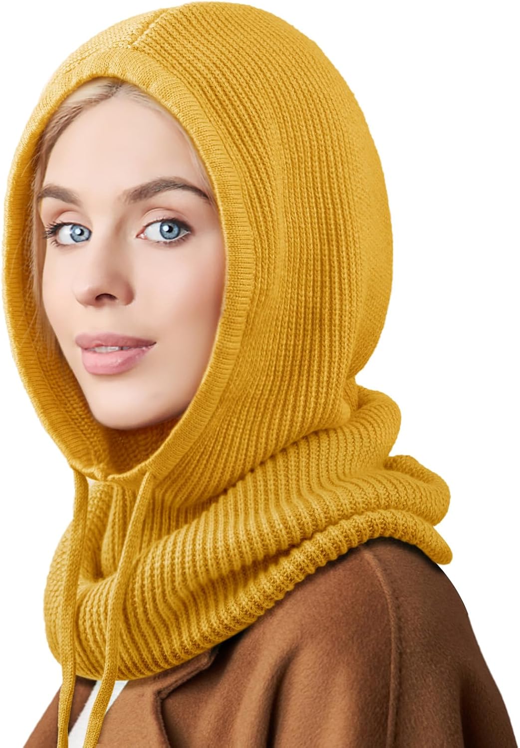 Women\'s Yellow Winter Hat Warm Hooded Scarf Hat Balaclava Knit Skull Beanie Winter Fashion Hats for Women Warm Hooded Scarf Hat for  main image 2