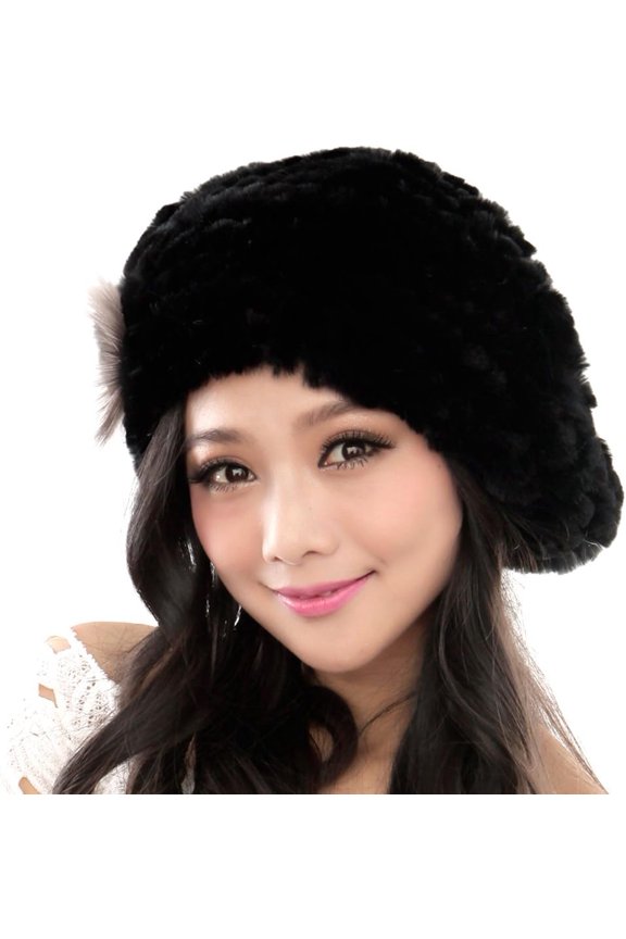 Winter Women's Rex Rabbit Beret Hats with Flower