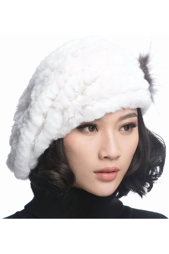 Winter Women's Rex Rabbit Beret Hats with Flower