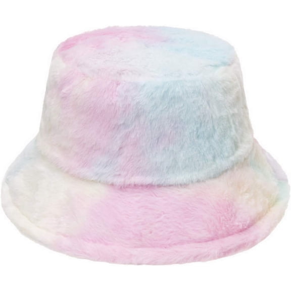 AKcxy Women Girls Tie Dye Faux Fur Warm Bucket Hat Fuzzy Rainbow Winter Fisherman Cap