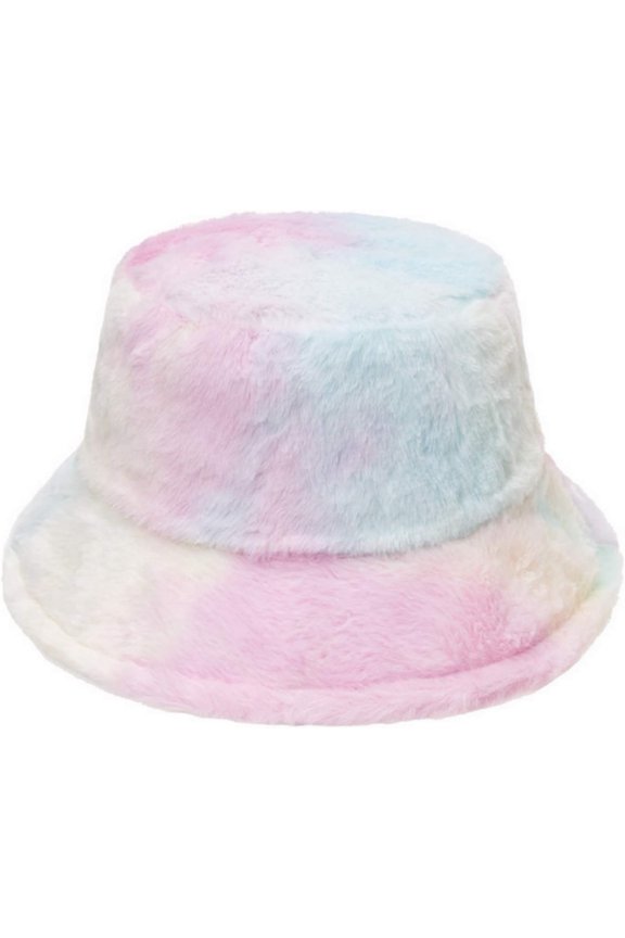 Women Girls Tie Dye Faux Fur Warm Bucket Hat Fuzzy Rainbow Winter Fisherman Cap