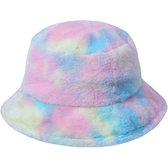 AKcxy Women Girls Tie Dye Faux Fur Warm Bucket Hat Fuzzy Rainbow Winter Fisherman Cap