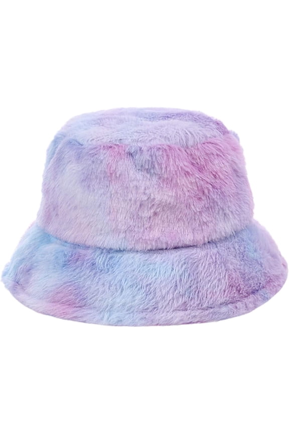 Women Girls Tie Dye Faux Fur Warm Bucket Hat Fuzzy Rainbow Winter Fisherman Cap