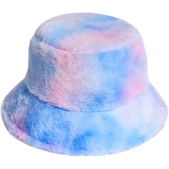 AKcxy Women Girls Tie Dye Faux Fur Warm Bucket Hat Fuzzy Rainbow Winter Fisherman Cap