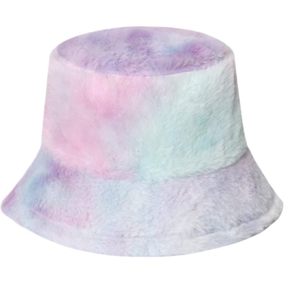 AKcxy Women Girls Tie Dye Faux Fur Warm Bucket Hat Fuzzy Rainbow Winter Fisherman Cap