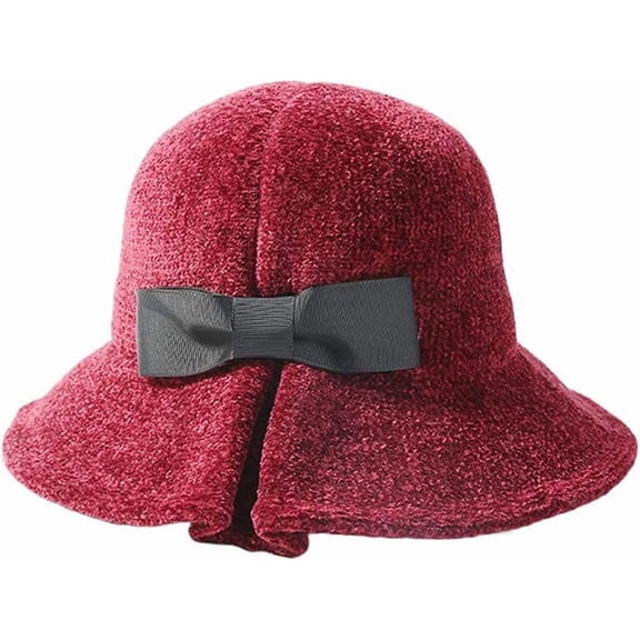 AKcxy Women Girls Winter Chenille Knitted Hat Bowknot Bucket Hat Foldable Bow Warm Soft Cloche Cap