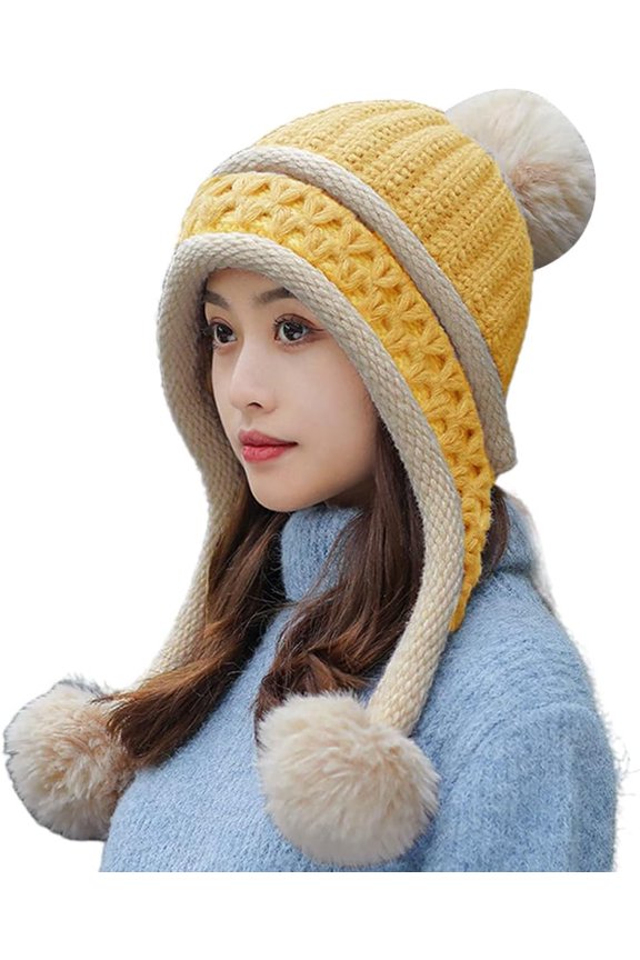 Women Winter Beanie Hat Earflap Peruvian Warm Slouchy Fleece Lined 3 Pom Poms Knit Sherpa Soft Ski Hats