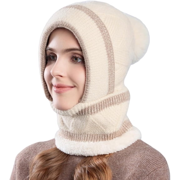 AKcxy Women Winter Beanie Hats One Piece Fleece Lined Knit Balaclavas Mask Set Skull Neck Circle Scarf Ski Snow Hat Pompom