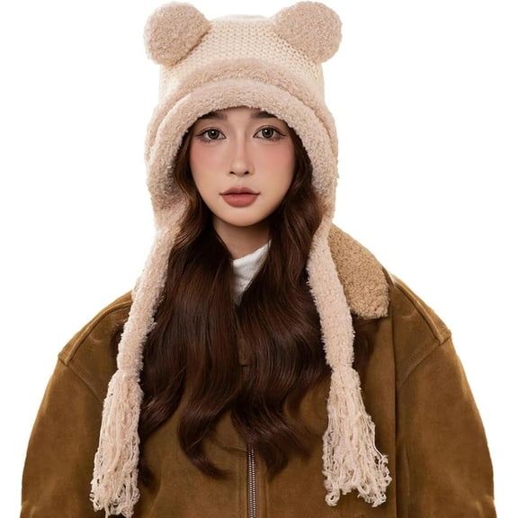 AKcxy Women Winter Sherpa Beanie Hats Knit Ear Flaps Peruvian Cover Ears Fleeced Ski Snow Hat Braid