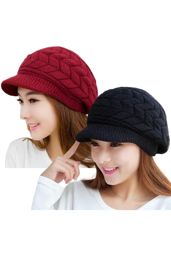 Women Winter Warm Knit Hat Wool Snow Ski Caps with Visor