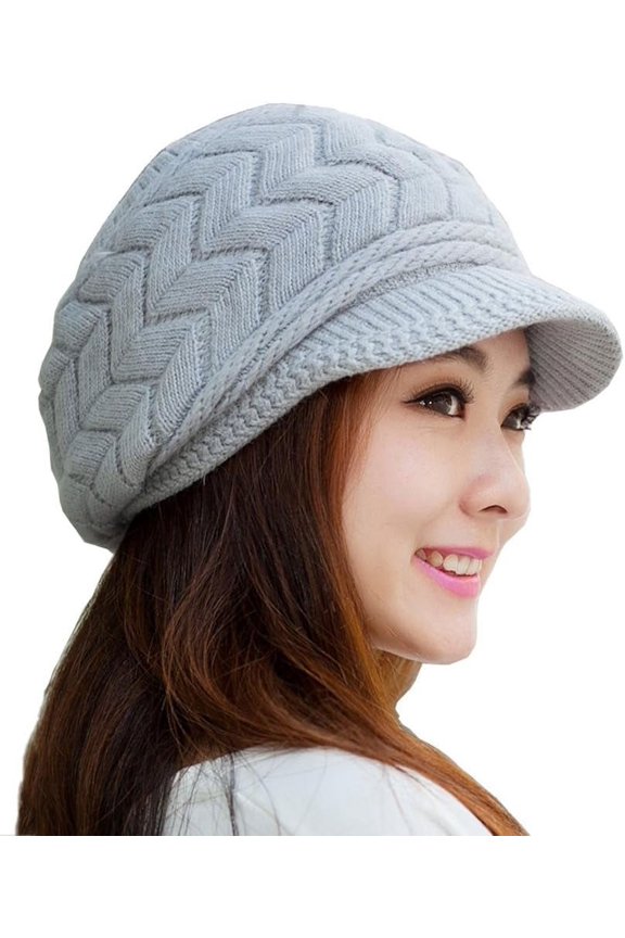 Women Winter Warm Knit Hat Wool Snow Ski Caps with Visor