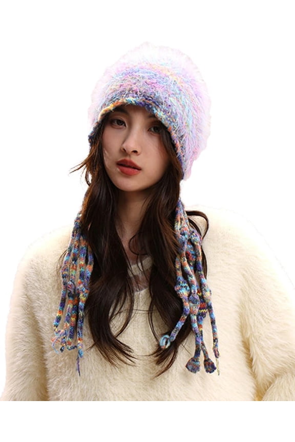 Women's Colorful Crochet Beanie Cap Cute Tassel Ear Flaps Knit Y2k Trapper Hat Faux Fur Winter Warm Skull Hat