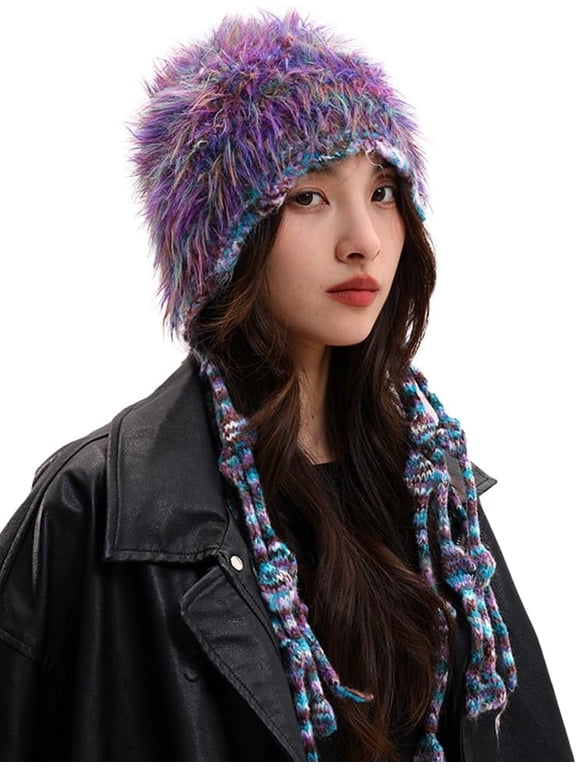 Women's Colorful Crochet Beanie Cap Cute Tassel Ear Flaps Knit Y2k Trapper Hat Faux Fur Winter Warm Skull Hat