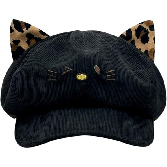 AKcxy Women's Cute Retro Cat Ear Leopard Ear Corduroy Octagonal Newsboy Cap for Autumn and Winter