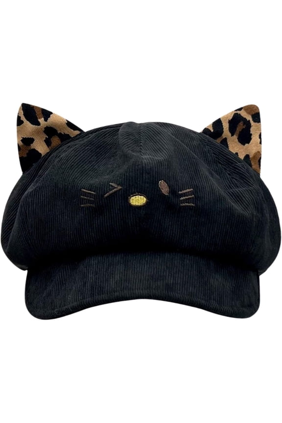 Women's Cute Retro Cat Ear Leopard Ear Corduroy Octagonal Newsboy Cap for Autumn and Winter
