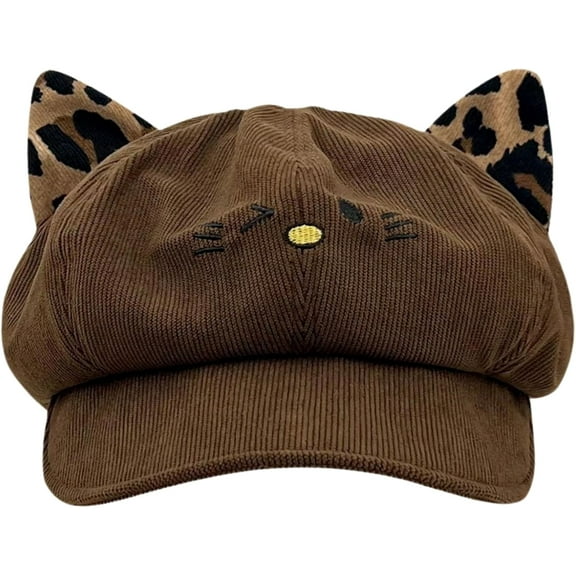 AKcxy Women's Cute Retro Cat Ear Leopard Ear Corduroy Octagonal Newsboy Cap for Autumn and Winter