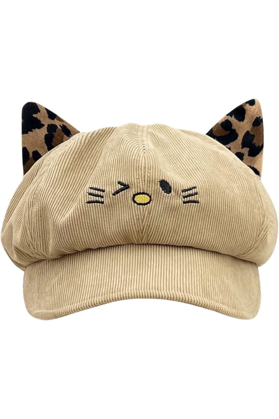 Women's Cute Retro Cat Ear Leopard Ear Corduroy Octagonal Newsboy Cap for Autumn and Winter
