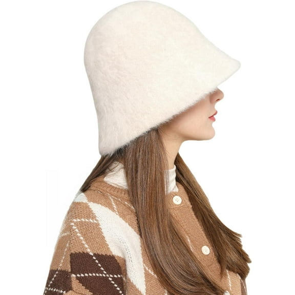 AKcxy Women's Soft Warm Rabbit Fur Bucket Hat Winter Furry Cloche Hat Fisherman Cap