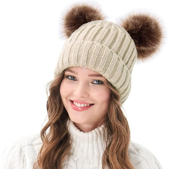AKcxy Womens Winter Hat Cable Knit Beanie for Women Faux Fur Pompom Ears