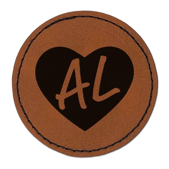 AL Alabama State in Heart 2.5" Faux Leather Round Engraved Iron-On Patch - Brown