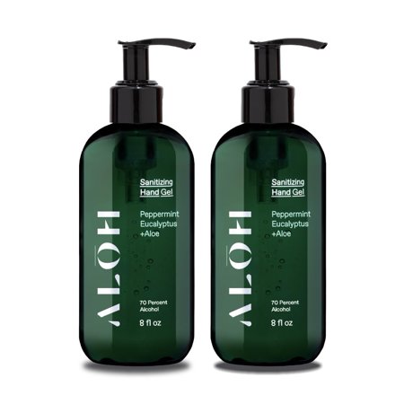ALOH Sanitizing Hand Gel 2-pack | Peppermint Eucalyptus + Aloe | 70% Alcohol Hydrating Hand Sanitizer Gel with Essential Oil, for Kids & Adults | 8oz Bottle (Set of 2)