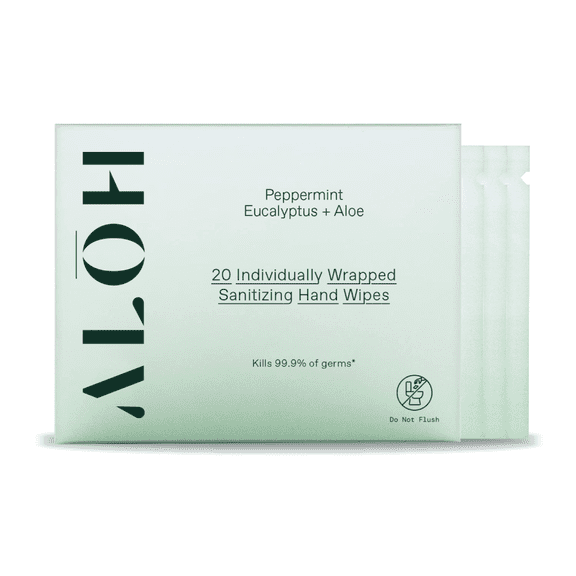 ALH Skin-Softening Sanitizing Hand Wipes- Peppermint Eucalyptus + Aloe, 1 box of 20 Individually Wrapped Wipes