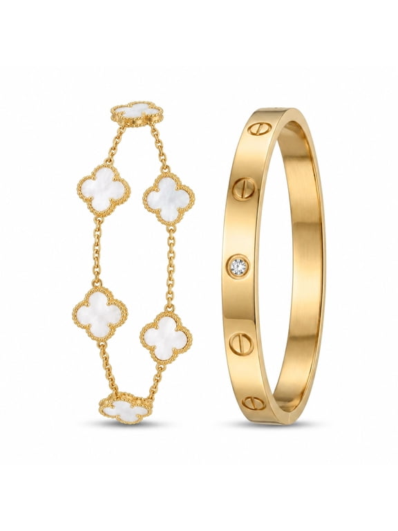 2-Piece Stainless Steel Bracelet Set, Clover Charm Chain Bracelet and Polished Bangle with Decorative Accents, Fashion Jewelry Set for Everyday Wear