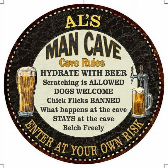 AL'S Man Cave Rules 14" Round Metal Sign Garage Bar Decor 100140010002