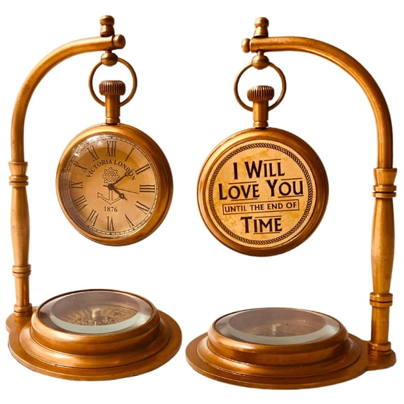 ALADEAN Brass Table Clock with Compass | Romantic Desk Clock - Decorative Vintage Mechanical Clock Lovers Boyfriend/Husband Birthday/Wedding Gifts (Love You) A101