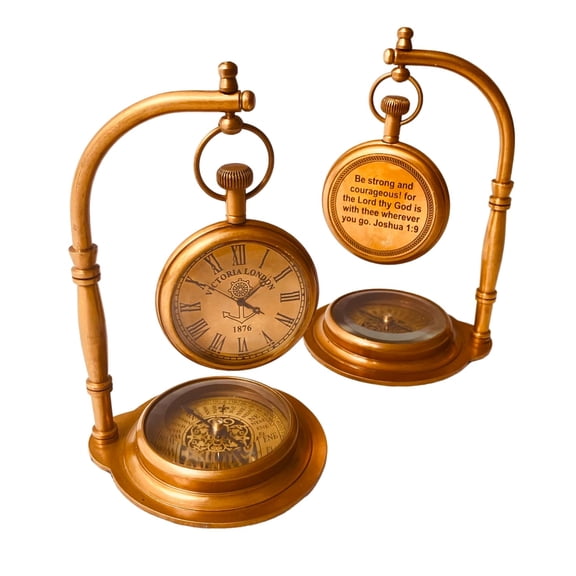 ALADEAN Inspirational Brass Table Clock with Compass | Religious Quote Engraved Desk Clock - Baptism Birthday Christmas (Be Strong & Courageous) Y101