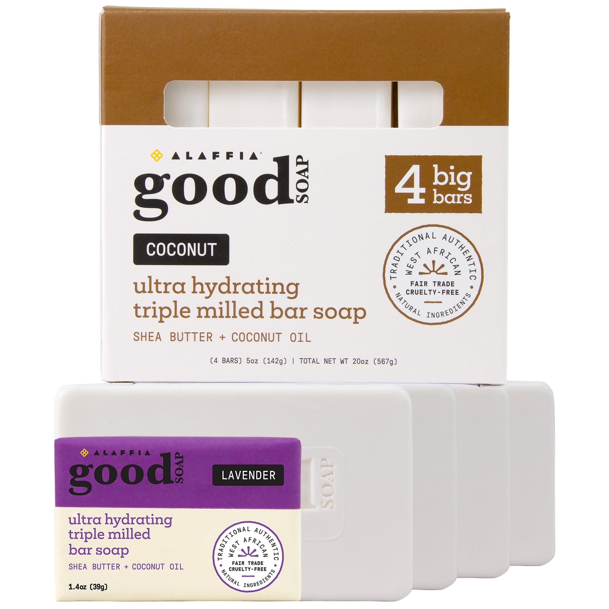 Alaffia Good Soap Coconut (4 Bars) + Trial-Size Lavender Bar