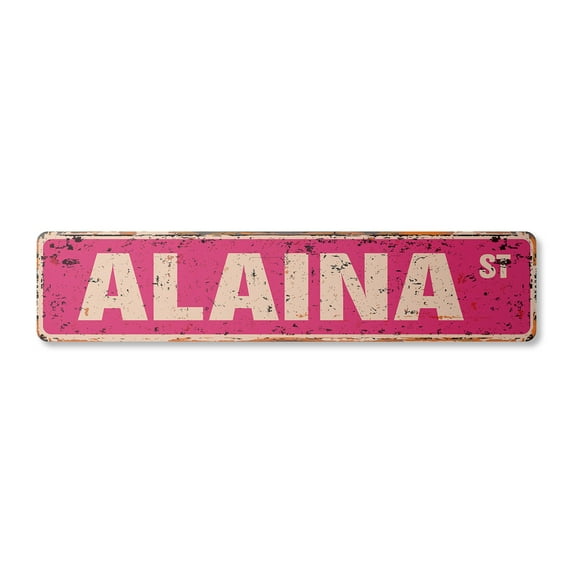 ALAINA Vintage Aluminum Street Sign Childrens Name Room Metal Sign rustic metal tin | Indoor/Outdoor | 18" Wide