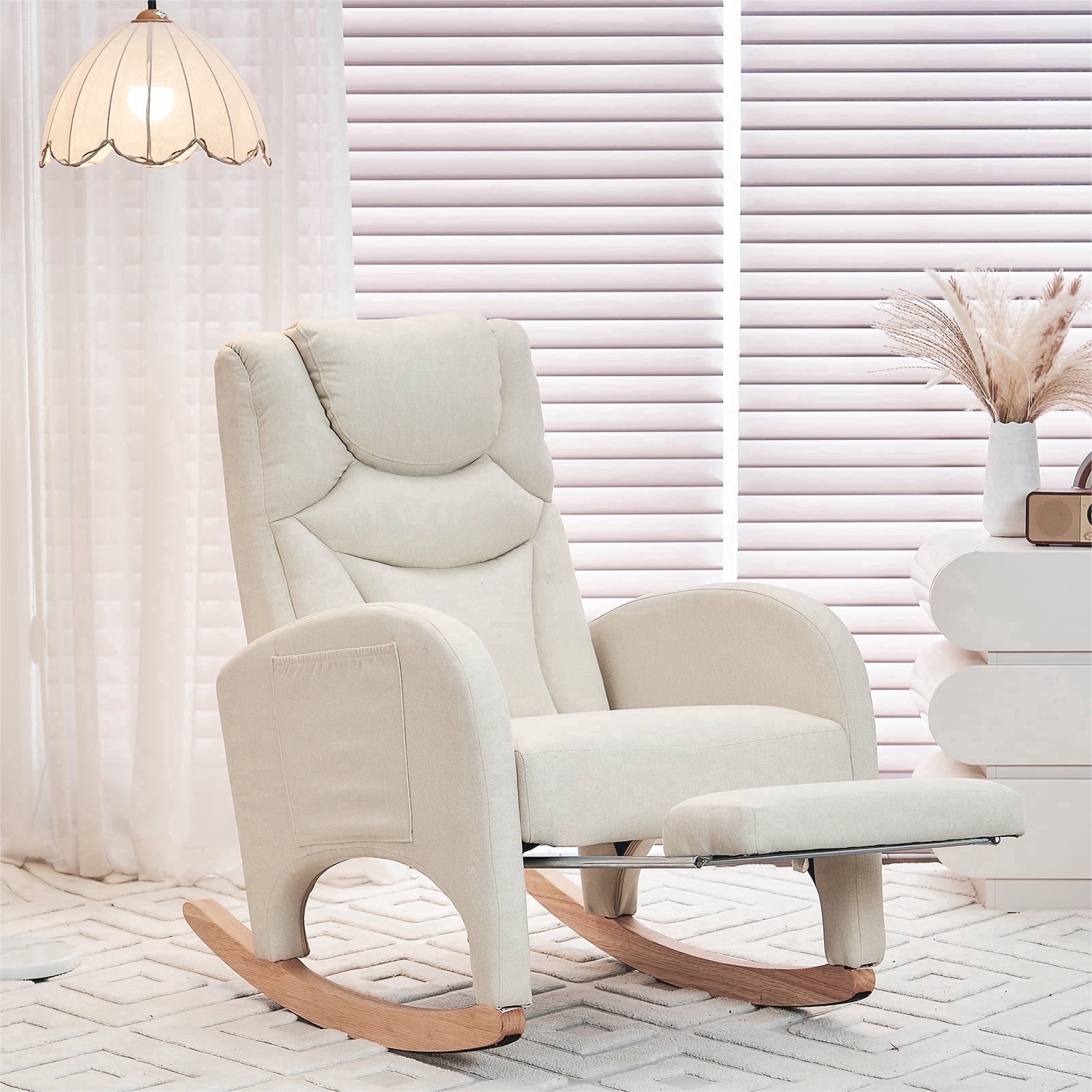 ALAKFORM Rocking Chair Nursery with Foot Rest,Cotton Linen Glider Rocker with Wood Legs, Nursing Rocking Chair Indoor for Living Room/Nursery,Beige