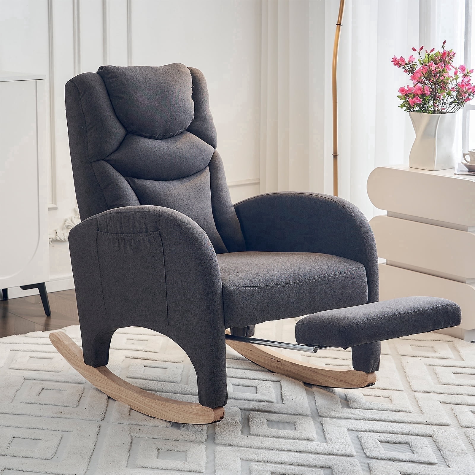 ALAKFORM Rocking Chair Nursery with Foot Rest,Cotton Linen Glider Rocker with Wood Legs, Nursing Rocking Chair Indoor for Living Room/Nursery,Dark Gray