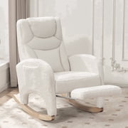 ALAKFORM Rocking Chair Nursery with Foot Rest,Upholstered Teddy Glider Rocker with Wood Legs, Nursing Rocking Chair Indoor for Living Room/Nursery,Ivory