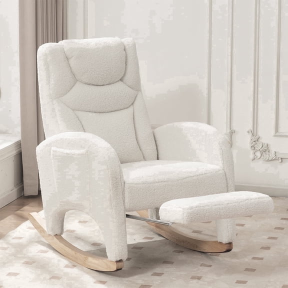 ALAKFORM Rocking Chair Nursery with Foot Rest,Upholstered Teddy Glider Rocker with Wood Legs, Nursing Rocking Chair Indoor for Living Room/Nursery,Ivory